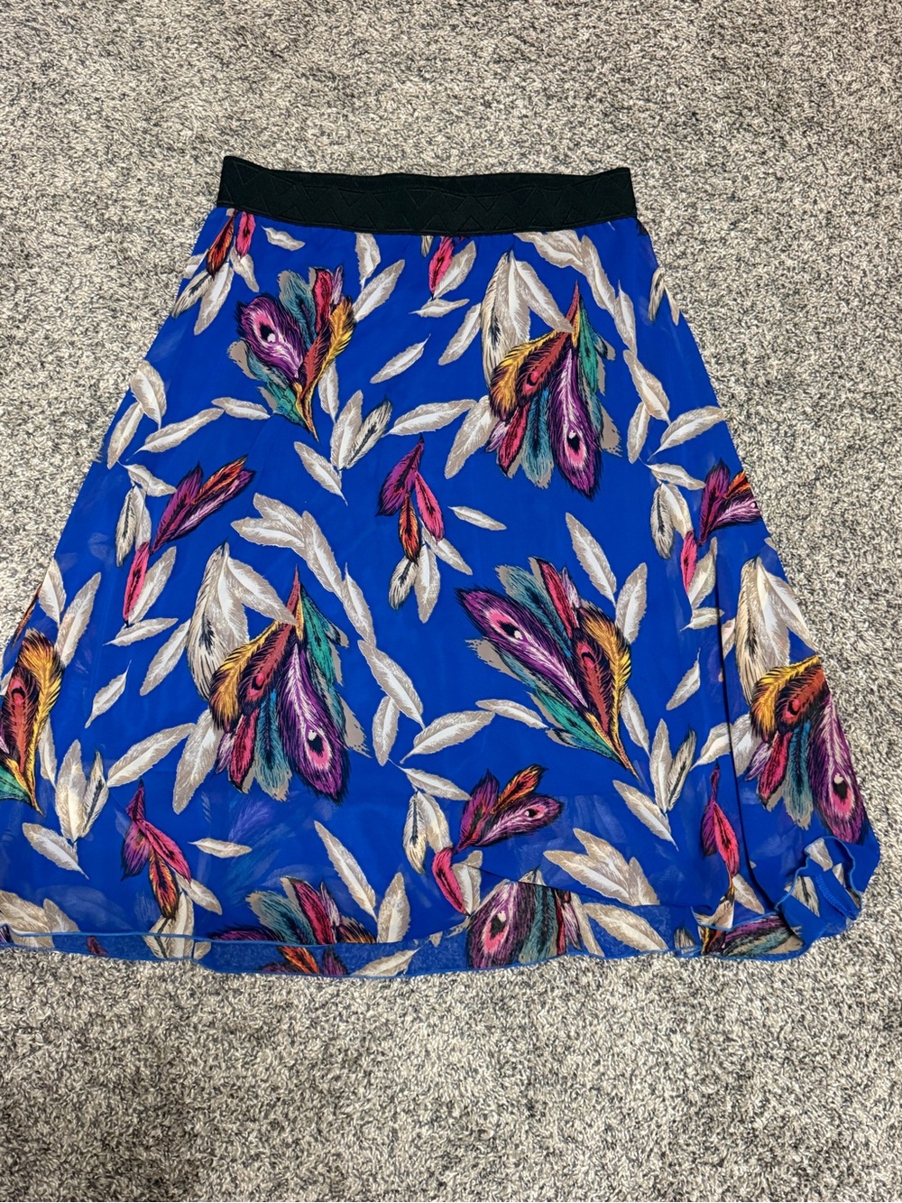 LuLaRoe Royal Blue A-Line Skirt with Multicolor Feather Print